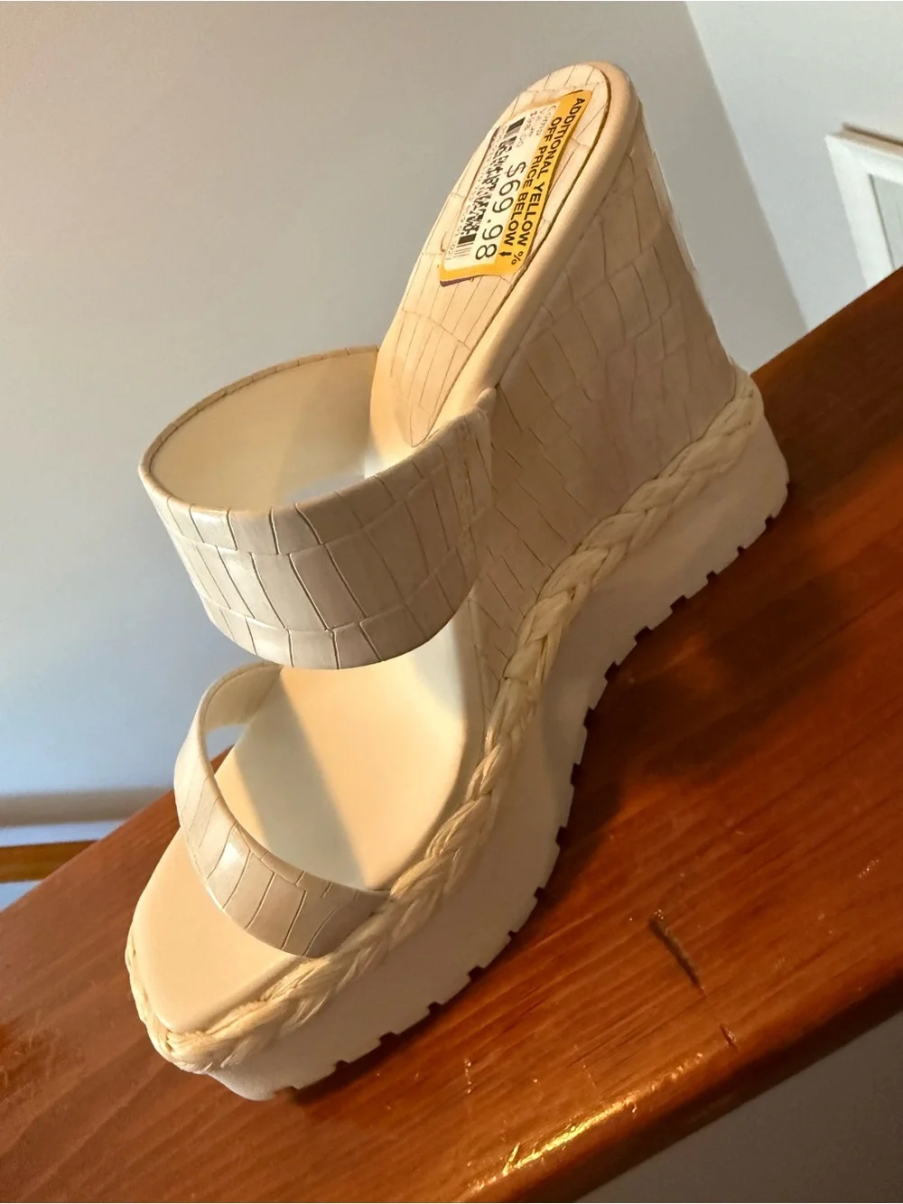 Jennifer Lopez Cream Croc-Embossed Platform Wedge Sandals